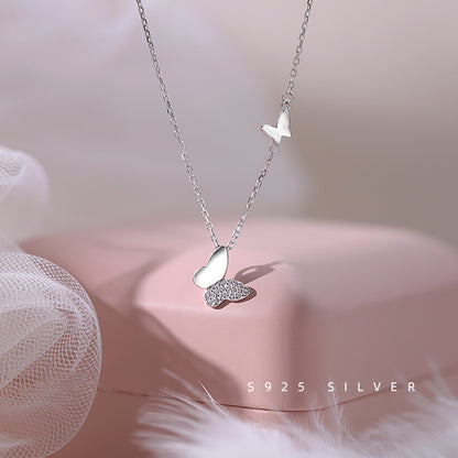 Rockyu ネックレス レディース プラチナ仕上げ ダブル蝶々モチーフ S925チェーン ペンダント