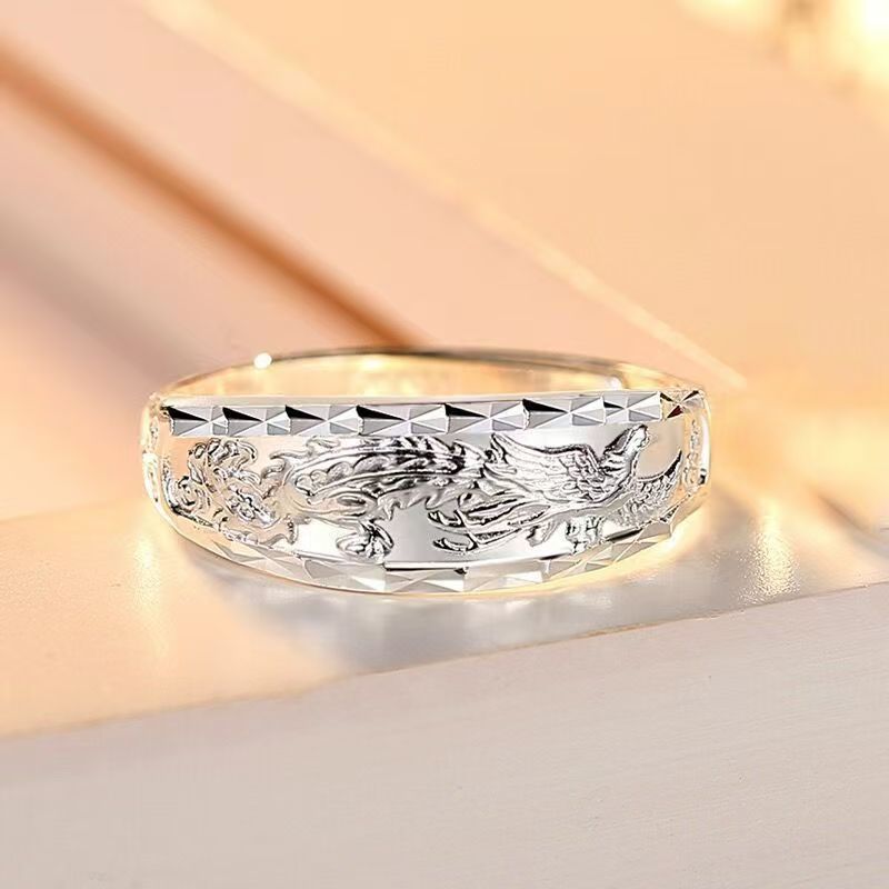 Rockyu 龍鳳彫りリング メンズ フリーサイズ シルバー調 幸運モチーフ リング
