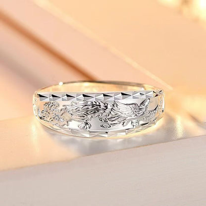 Rockyu 龍鳳彫りリング メンズ フリーサイズ シルバー調 幸運モチーフ リング