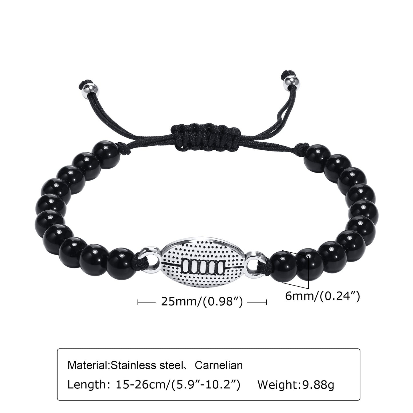 Rockyu メンズブレスレット ブラック瑪瑙 数珠 スポーツモチーフ バスケットボールデザイン 調節可能