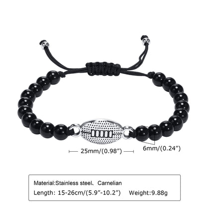Rockyu メンズブレスレット ブラック瑪瑙 数珠 スポーツモチーフ バスケットボールデザイン 調節可能