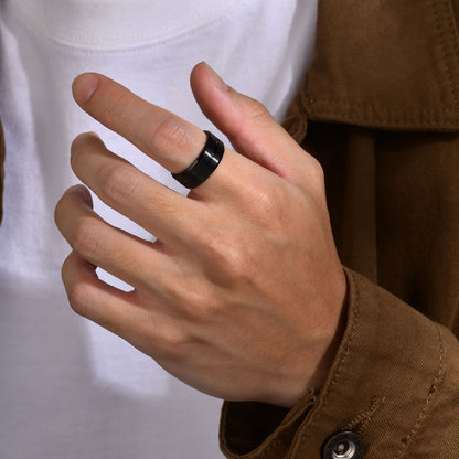 Rockyu チタンリング メンズ ブラック シルバー ブルー ゴールドライン入り 8mm幅