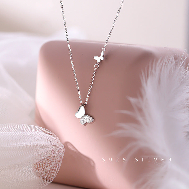 Rockyu ネックレス レディース プラチナ仕上げ ダブル蝶々モチーフ S925チェーン ペンダント