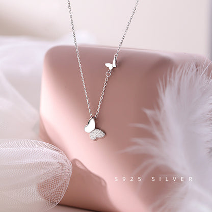 Rockyu ネックレス レディース プラチナ仕上げ ダブル蝶々モチーフ S925チェーン ペンダント