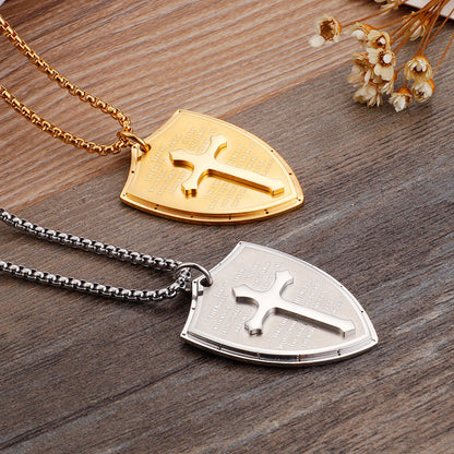 Rockyu 十字架 ネックレス メンズ ステンレス 盾ペンダント 経文刻印 クロス 厄除け お守り 開運 ギフト