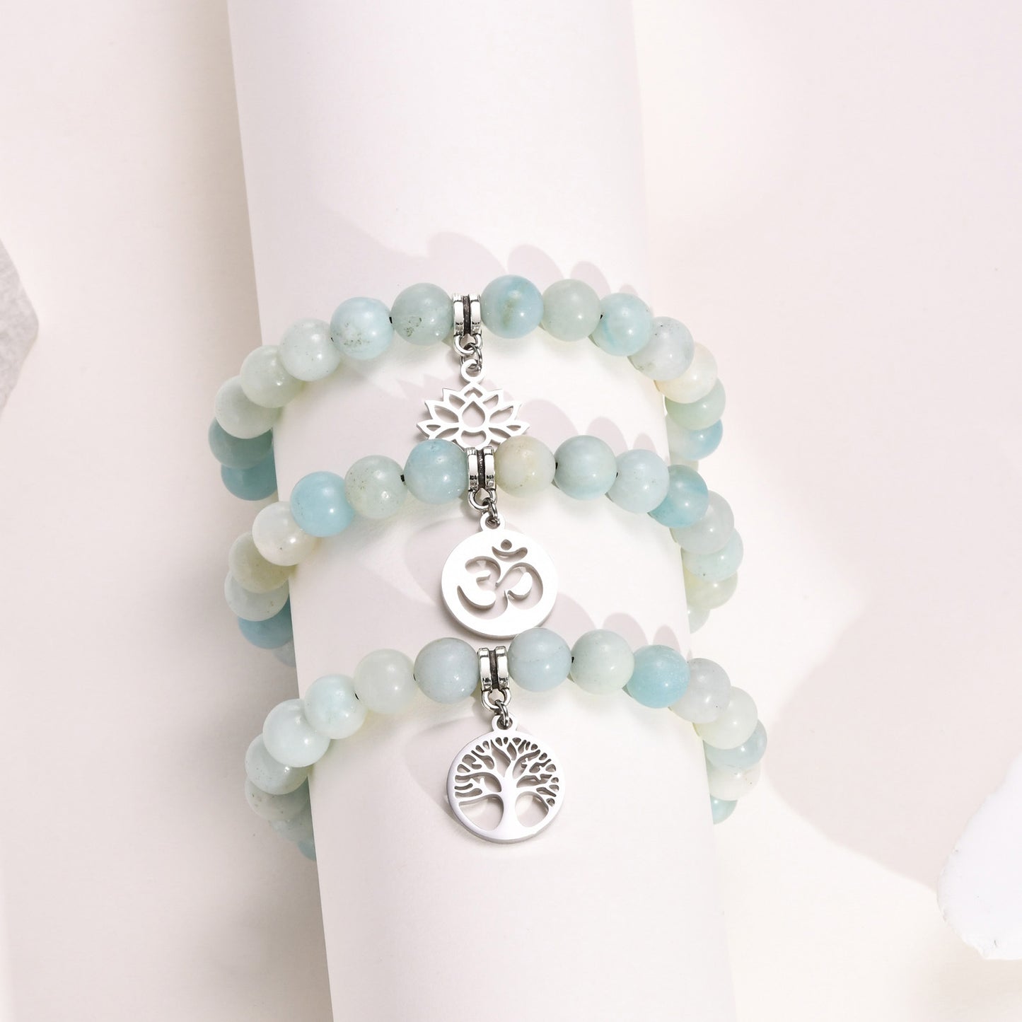 Rockyu レディース 天然石ブレスレット 蓮花・生命の樹・オームモチーフ ステンレスペンダント 金属アレルギー対応