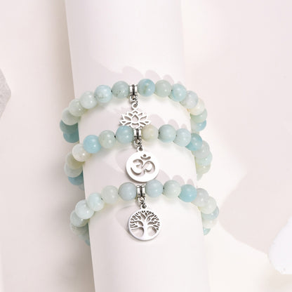 Rockyu レディース 天然石ブレスレット 蓮花・生命の樹・オームモチーフ ステンレスペンダント 金属アレルギー対応