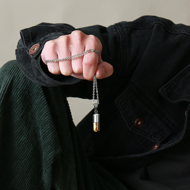 Rockyu カプセル型ネックレス 十字架刻印 ステンレス製 男女兼用 チタンカラーアクセサリー