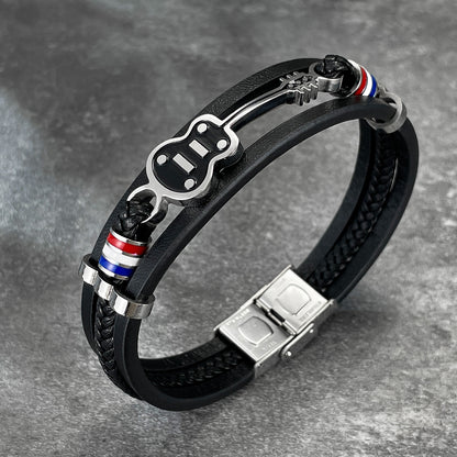 Rockyu ブレスレット メンズ 音楽モチーフ レザー バングル ギター デザイン PU革 ステンレス製 アクセサリー