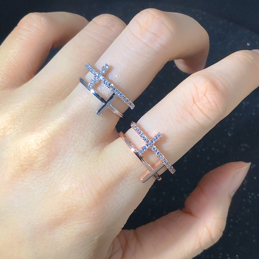 Rockyu クロスリング レディース ジルコニア 18K仕上げ 二連風デザイン 指輪