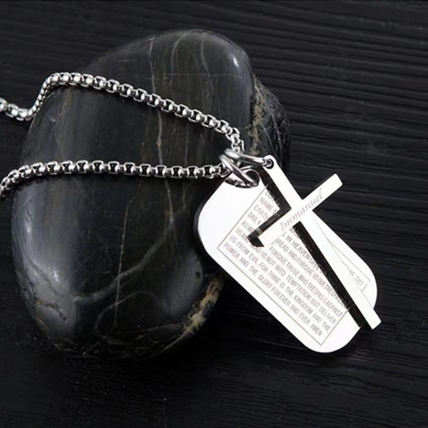 Rockyu ネックレス メンズ シルバー 十字架 クロスペンダント チタン風 プレート付き 金属アレルギー対応