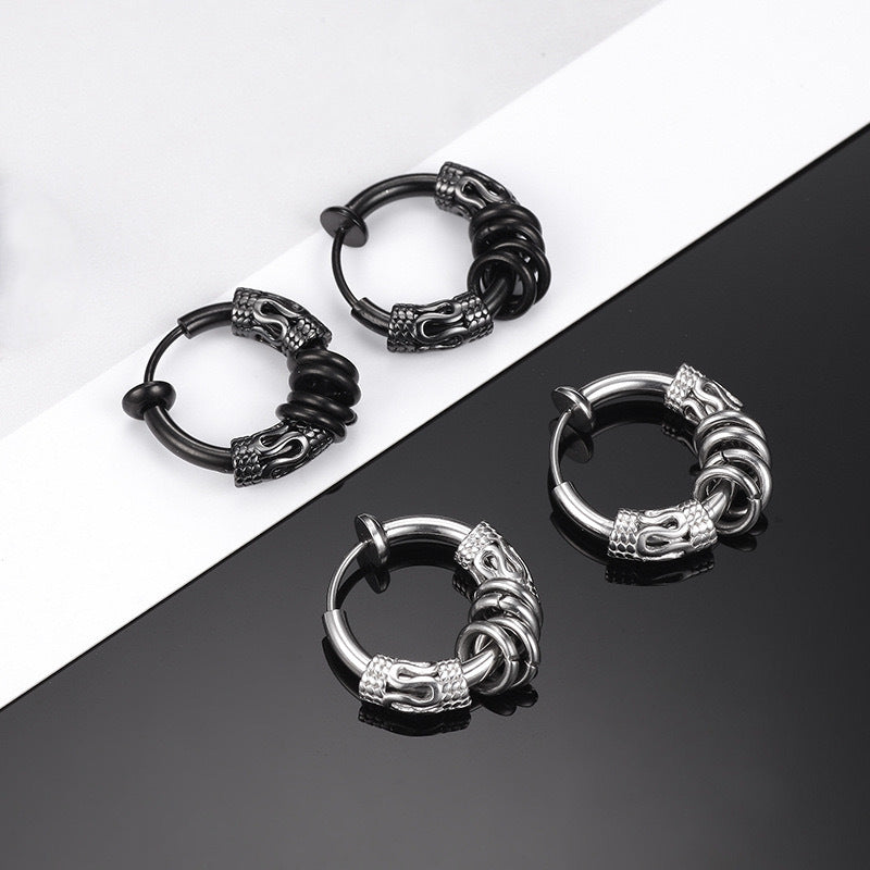 Rockyu フェイクピアス メンズ サージカルステンレス 龍紋デザイン イヤーカフ 4連リング/ボール 小さめ ノンホール 両耳用 金属アレルギー対応