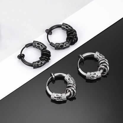 Rockyu フェイクピアス メンズ サージカルステンレス 龍紋デザイン イヤーカフ 4連リング/ボール 小さめ ノンホール 両耳用 金属アレルギー対応