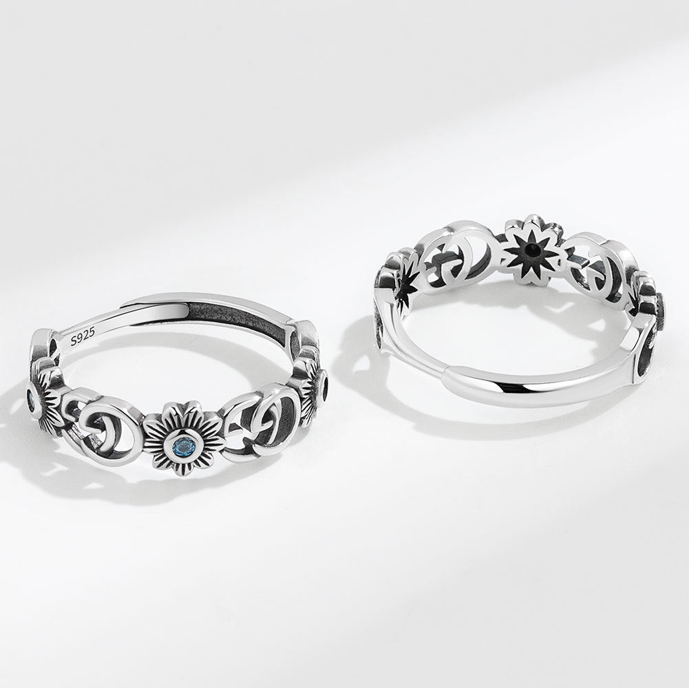 Rockyu 指輪 レディース フリーサイズ シルバー925 アルファベット＆花モチーフ サファイア風ストーン オープンリング