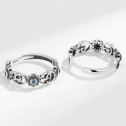 Rockyu 指輪 レディース フリーサイズ シルバー925 アルファベット＆花モチーフ サファイア風ストーン オープンリング