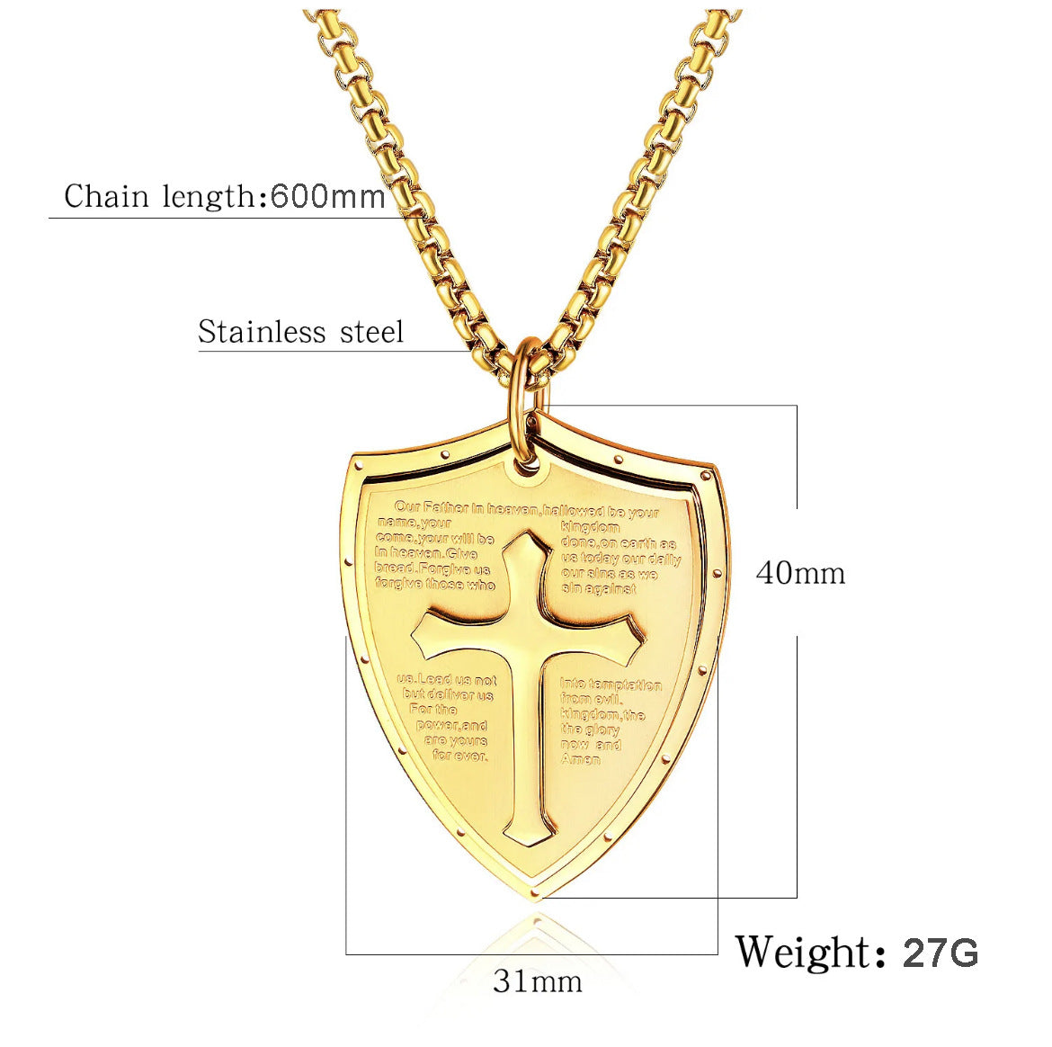 Rockyu シールドクロス ネックレス メンズ ステンレス 経文刻印 十字架ペンダント