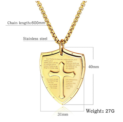 Rockyu シールドクロス ネックレス メンズ ステンレス 経文刻印 十字架ペンダント