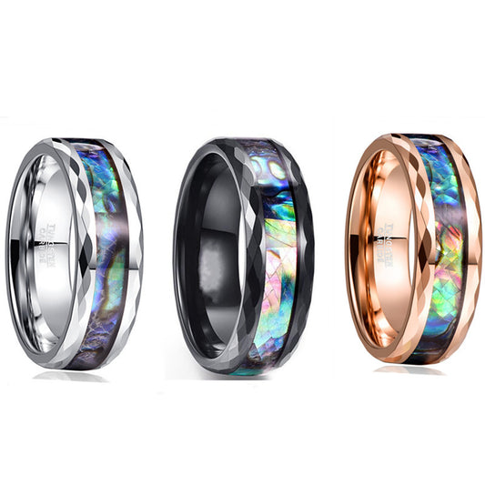 Rockyu タングステン 貝殻インレイリング｜8mm 幅広 平打ち 高硬度メンズリング