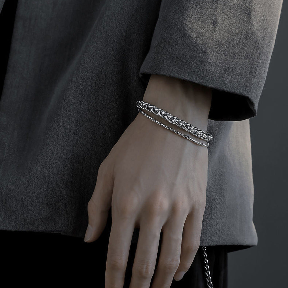 Rockyu メンズブレスレット ステンレス 二連チェーン シルバー 3サイズ展開
