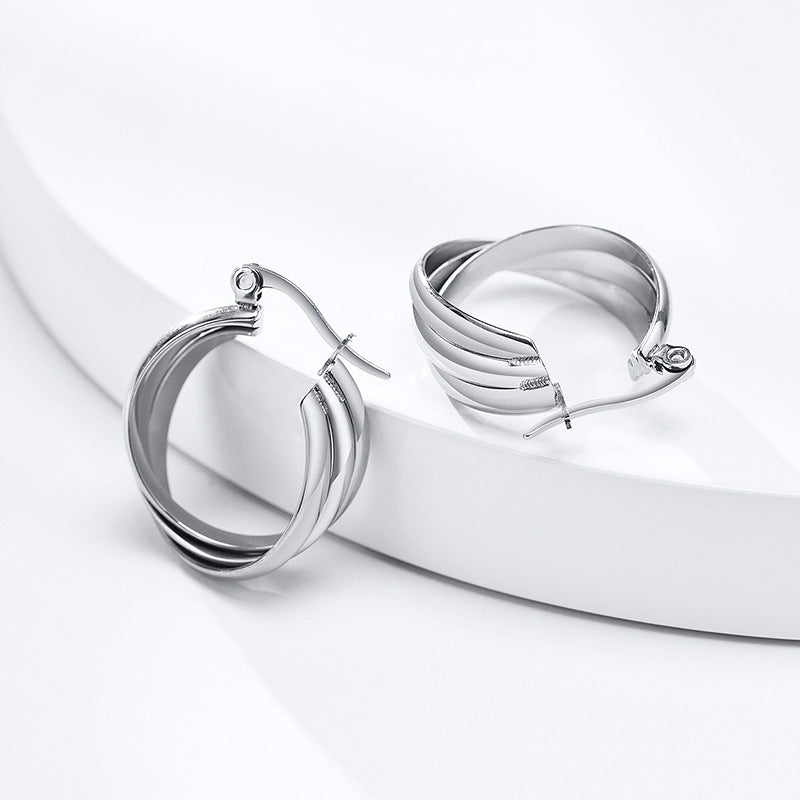 Rockyu レディースピアス 大ぶり三連クロス フープ ゴールド／シルバー チタン製 金属アレルギー対応