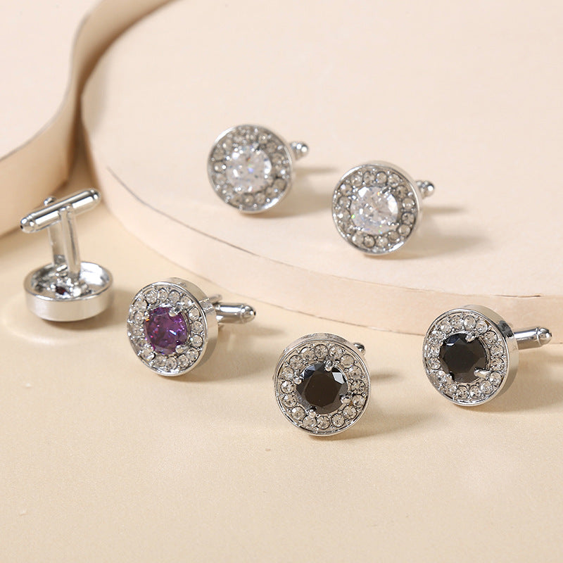 Rockyu カフスボタン ラウンドジルコニアカフリンクス 選べる4色 大粒ストーン×メタルデザイン