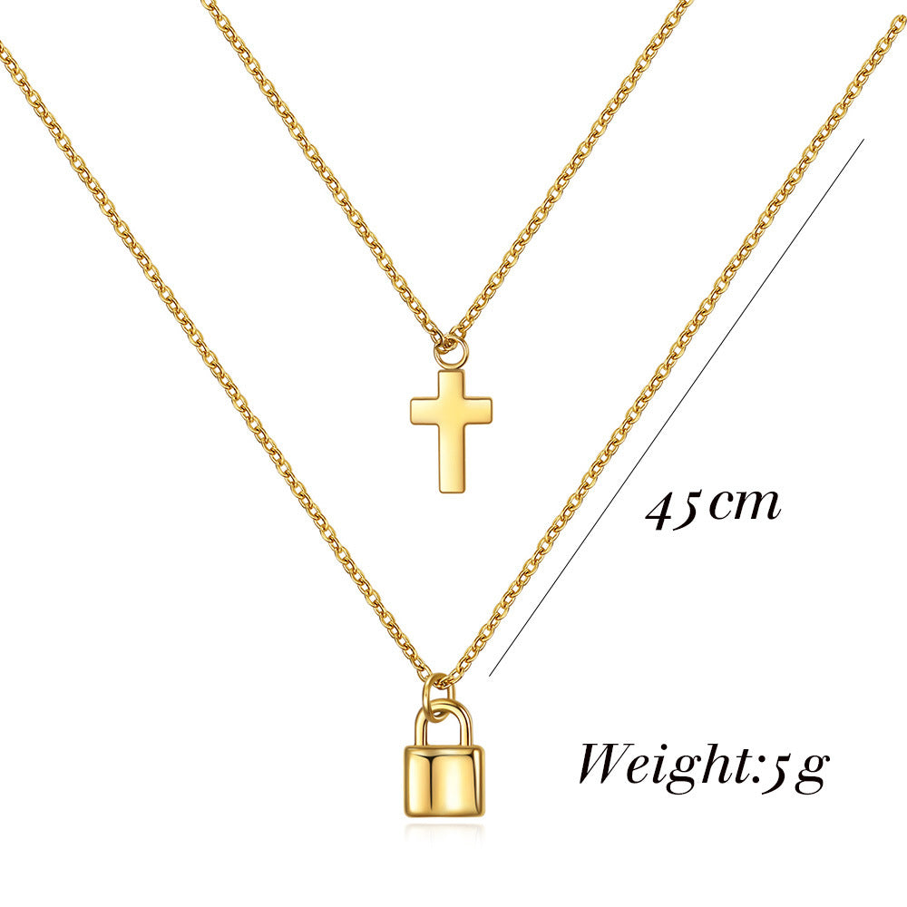 Rockyu レディース ネックレス 十字架 南京錠 ペンダント ピンクゴールド 18K チタン 2連チェーン