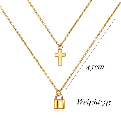 Rockyu レディース ネックレス 十字架 南京錠 ペンダント ピンクゴールド 18K チタン 2連チェーン
