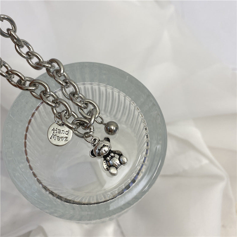 Rockyu ブレスレット レディース 小熊チャーム付き チェーンブレス 錆びにくい チタン風