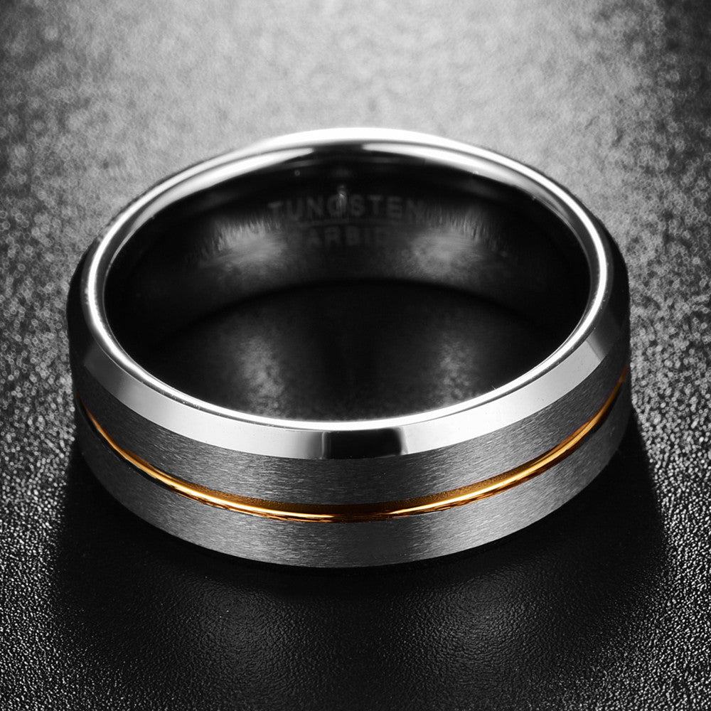 Rockyu メンズリング タングステン シルバー 8mm ヘアライン加工 マット質感 ゴールドライン入り指輪