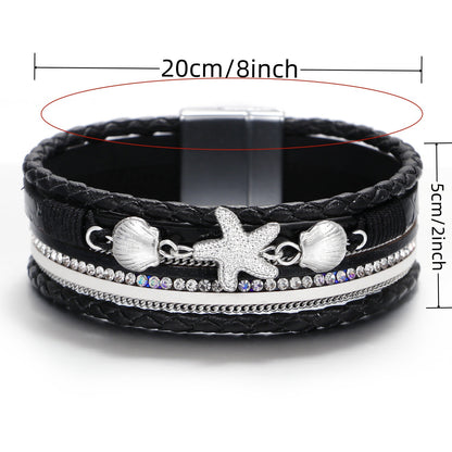 Rockyu ヒトデ＆貝殻モチーフ 多連レザーブレスレット レディース 夏 ハワイアン風