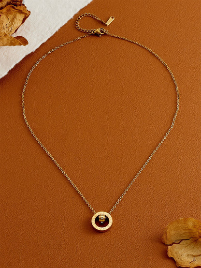 Rockyu ネックレス レディース シンプル ピンクゴールド ジルコニア ローマ数字ネックレス ローマ字刻印 リングペンダント ステンレス あずきチェーン