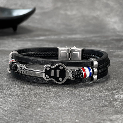Rockyu ブレスレット メンズ 音楽モチーフ レザー バングル ギター デザイン PU革 ステンレス製 アクセサリー