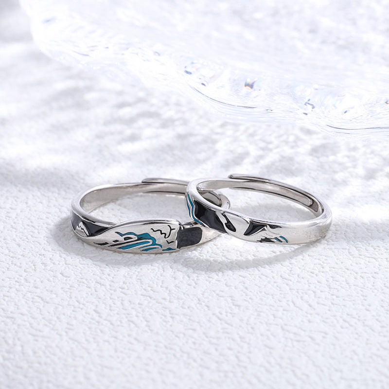 Rockyu 指輪 レディース フリーサイズ シルバー925 波・月モチーフ ブルーエナメル ペアリング風デザイン