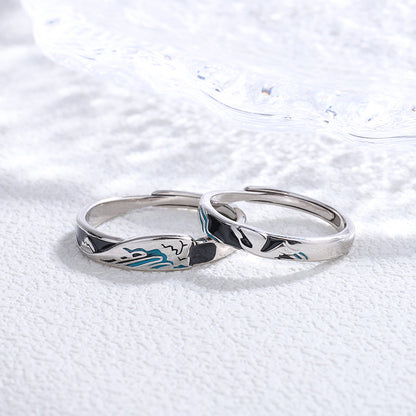 Rockyu 指輪 レディース フリーサイズ シルバー925 波・月モチーフ ブルーエナメル ペアリング風デザイン