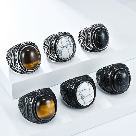 Rockyu メンズ ステンレスリング – 天然石オニキス＆タイガーアイ装飾 シルバー彫刻デザイン