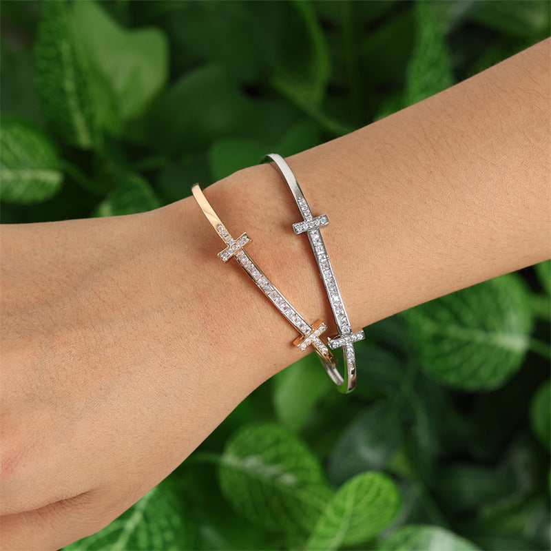 Rockyu レディース クロスラインバングル キュービック付き 18K仕上 ステンレス
