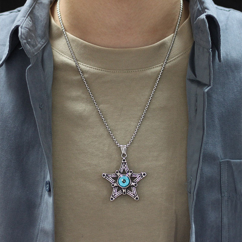 Rockyu メンズネックレス 悪魔の目と星モチーフのステンレスペンダント