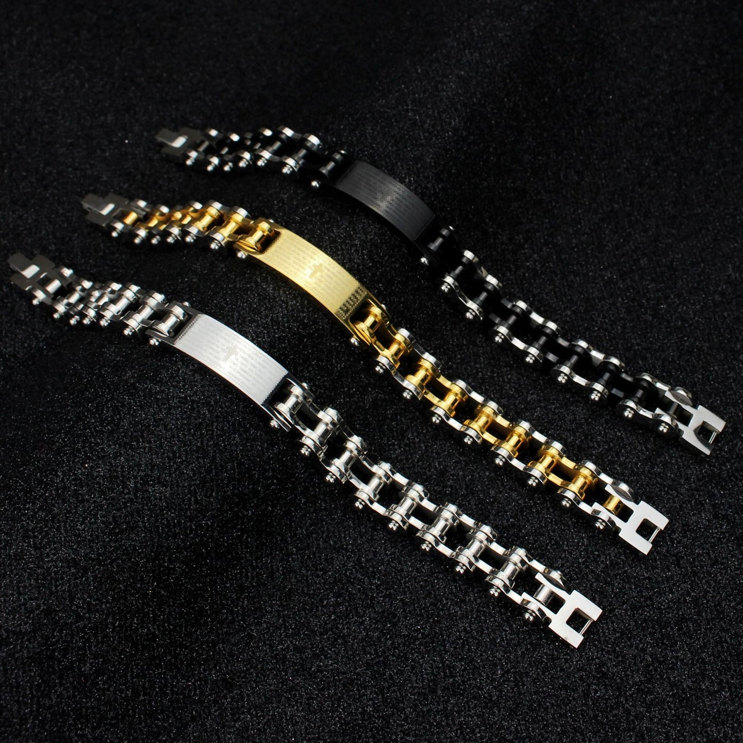 Rockyu メンズブレスレット 自転車チェーン風 ゴールド チタン製 プレート刻印 十字架 真言入り ハワイアン風 パーティーアクセサリー