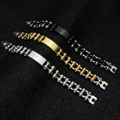 Rockyu メンズブレスレット 自転車チェーン風 ゴールド チタン製 プレート刻印 十字架 真言入り ハワイアン風 パーティーアクセサリー