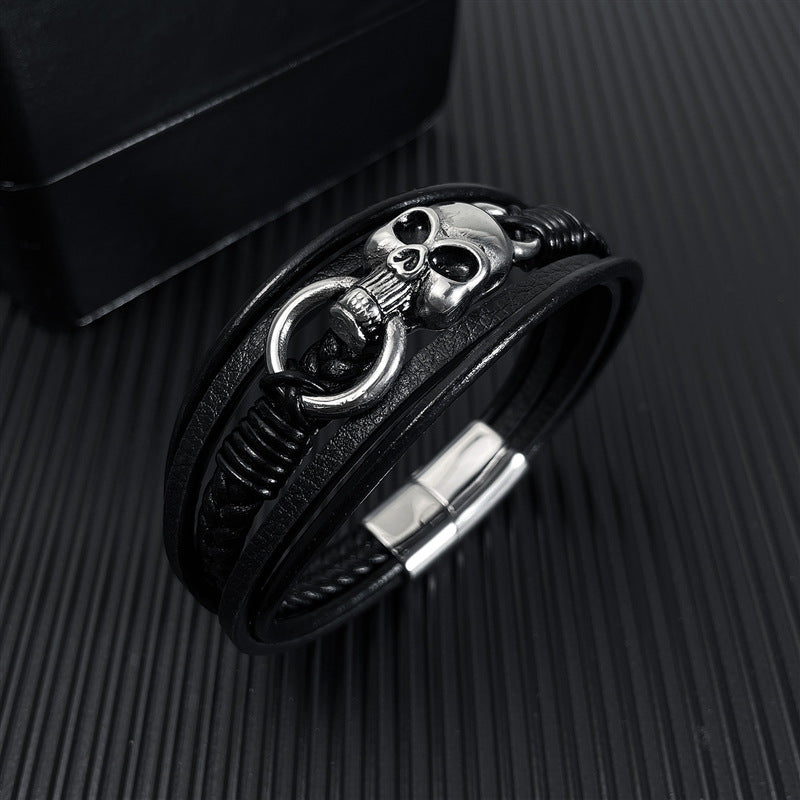 Rockyu メンズ ブレスレット レザー 黒 多重巻き 髑髏 ドクロ 編み込み バングル アクセサリー
