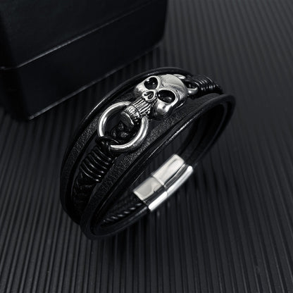 Rockyu メンズ ブレスレット レザー 黒 多重巻き 髑髏 ドクロ 編み込み バングル アクセサリー