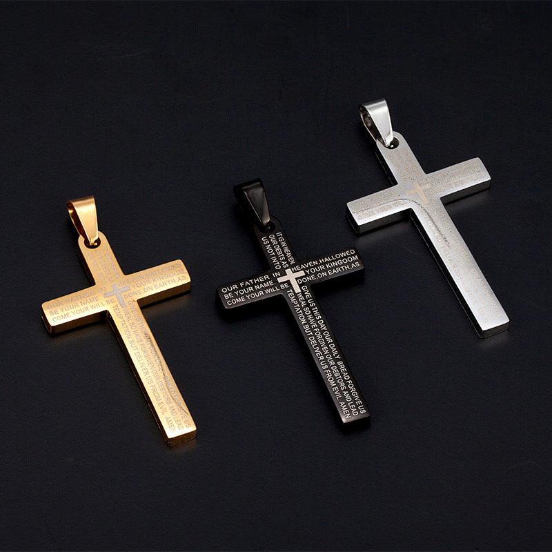 Rockyu 十字架ネックレス メンズ チタン風ステンレス 聖書刻印 ペンダント 仕上げ高級