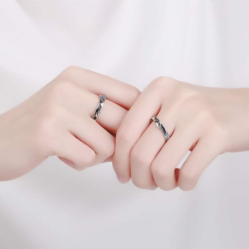 Rockyu 指輪 レディース フリーサイズ シルバー925 波・月モチーフ ブルーエナメル ペアリング風デザイン