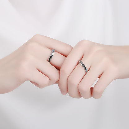 Rockyu 指輪 レディース フリーサイズ シルバー925 波・月モチーフ ブルーエナメル ペアリング風デザイン