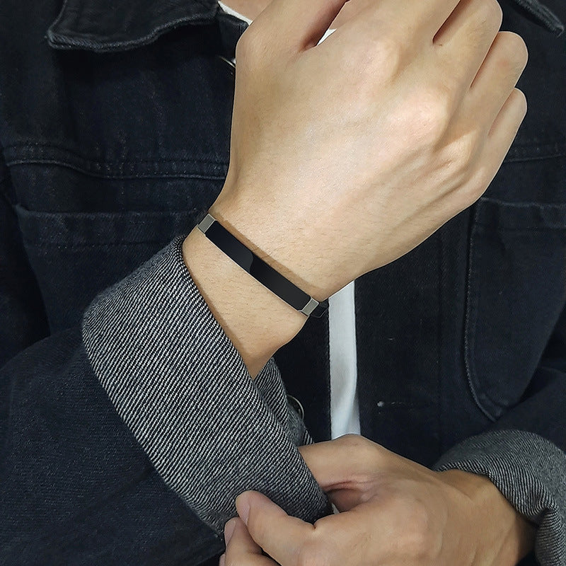 Rockyu ブレスレット メンズ 本革 プレートデザイン ステンレス製 金属アレルギー対応 レザーバングル