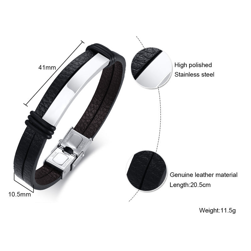 Rockyu ブレスレット メンズ レザー 二重巻き 高光沢ステンレス バングル 20.5cm