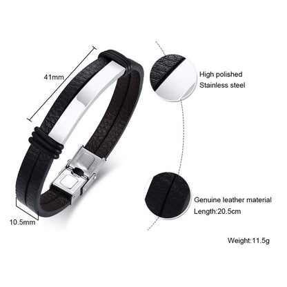 Rockyu ブレスレット メンズ レザー 二重巻き 高光沢ステンレス バングル 20.5cm