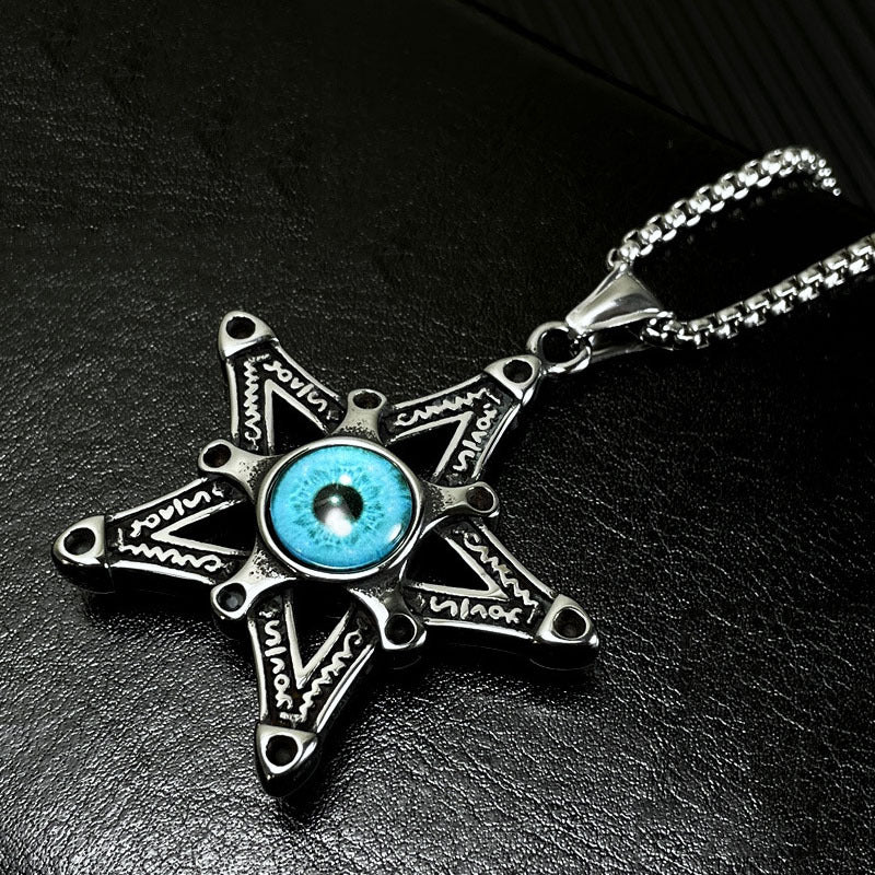 Rockyu メンズネックレス 悪魔の目と星モチーフのステンレスペンダント