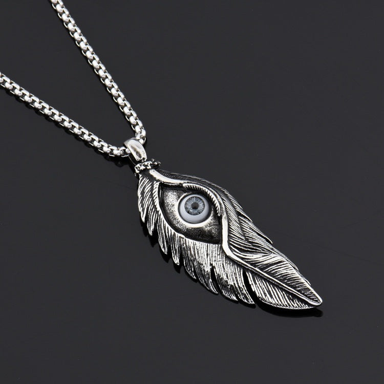 Rockyu メンズ ネックレス ペンダント 羽 根 アイモチーフ チタン ステンレス レトロ アンティーク風
