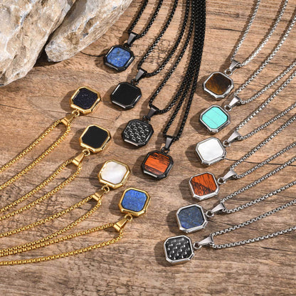 Rockyu スクエアペンダントネックレス｜天然石×ステンレス 60cmチェーン メンズ